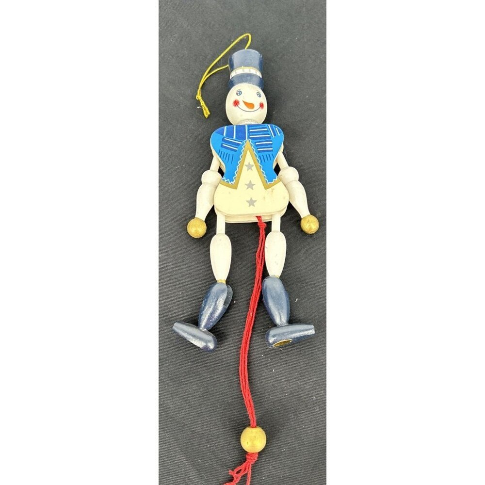 Wooden Pull String Dancing Snowman Christmas Ornament 7.5"